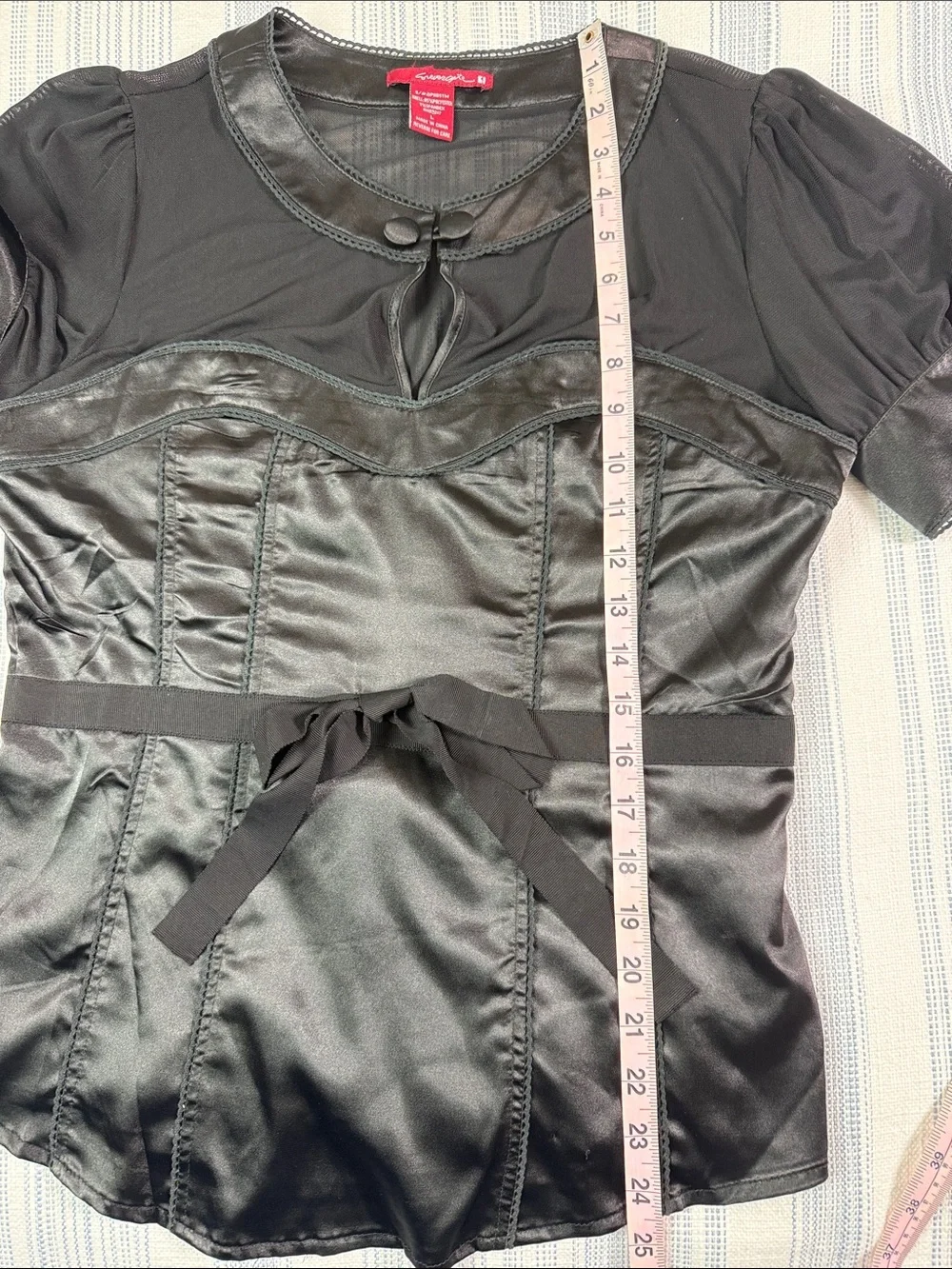Grevercyte Black Satin Sheer Corset Style Blouse Size Large